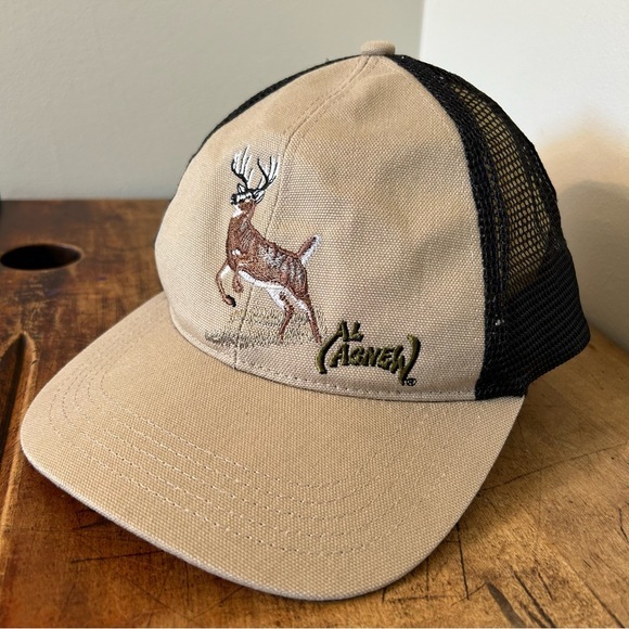 Al Agnew by AFTCO White Tail Buck Cap adult adjustable Hat Khaki Black Mesh GUC - Picture 1 of 9